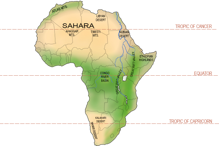 An overview of Africa's deserts and rainforests shows more clearly how hot deserts sit around the latitude line of the Tropic of Cancer.